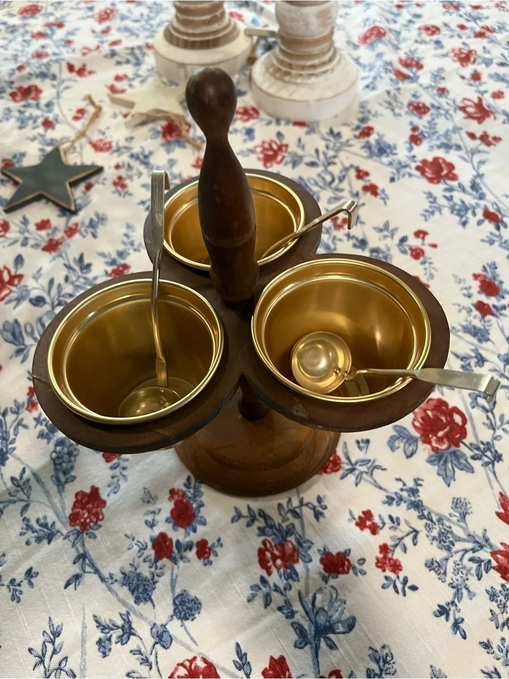 Vintage, Mid-Century Modern Wooden Condiment Holder with Gold Bowls & Ladles